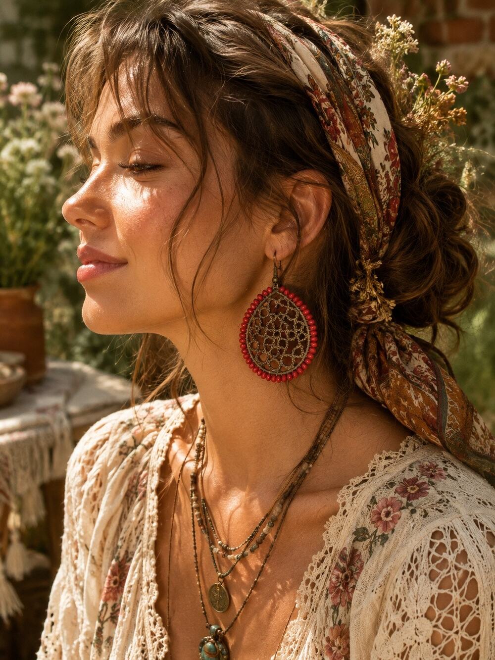 BOGO FREE VTG Boho Red Beaded Filigree Teardrop Dangle Earrings
